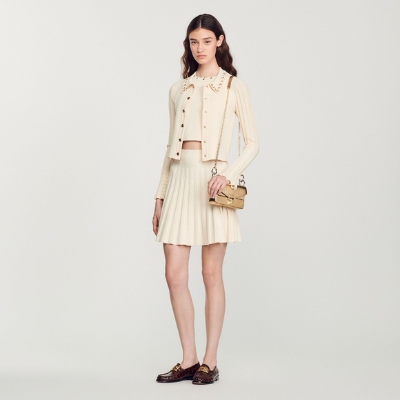 Sandro Sweaters - Sandro Cream Cropped Cardigan with Ribbed Sleeves
